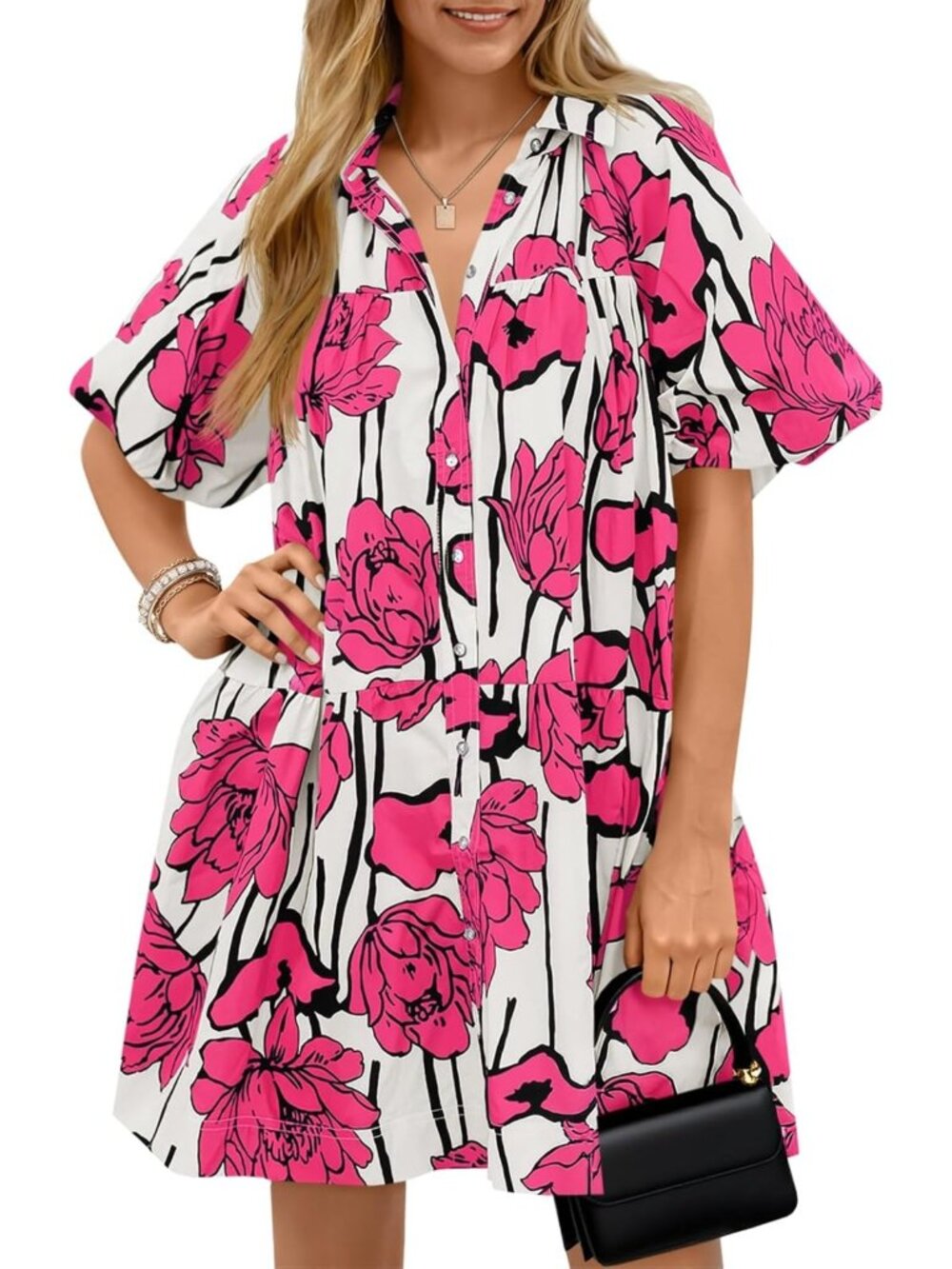 Floral Puff Sleeve Summer Button Down Shirt Dress for Women - Casual Chic Style